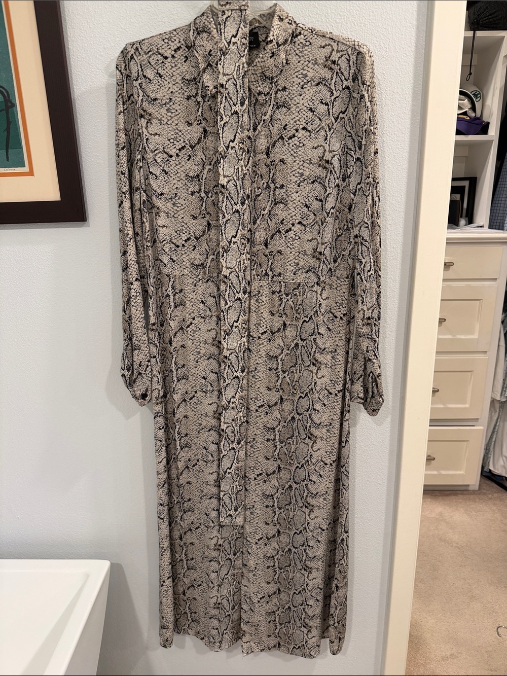 Bardot Beige Snake-Print Midi Dress with Tie Neck